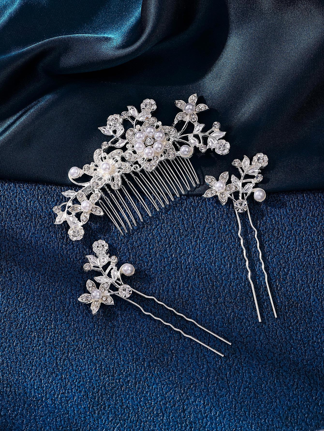 1pc Silver & Gold Tone Elegant Lady Princess Bridal Hair Comb Headpiece Set, Fashionable Exquisite Faux Pearl Plum Blossom Heart Shaped Design, Romantic Dinner, Summer