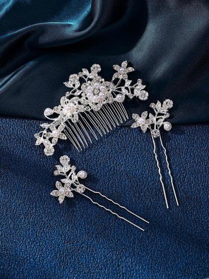 1pc Silver & Gold Tone Elegant Lady Princess Bridal Hair Comb Headpiece Set, Fashionable Exquisite Faux Pearl Plum Blossom Heart Shaped Design, Romantic Dinner, Summer