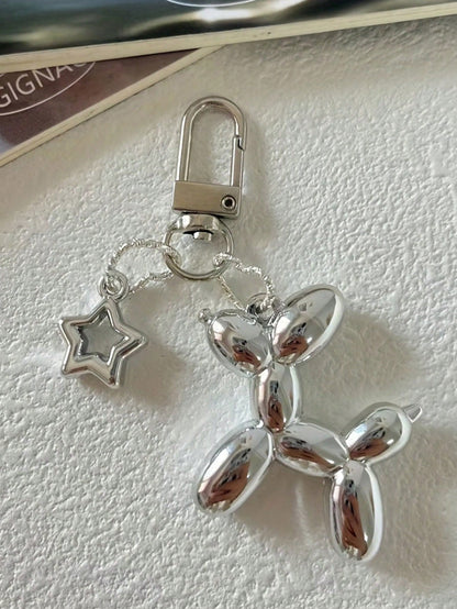 1pc Silver Star Balloon Puppy Keychain- Fashionable Handbag, Backpack & Wallet Accessory, With Heart Pendant And Adjustable Clasp, Bag Charm Keyring, Car Key Chain, Unique Gift For Women, Suitable Fo