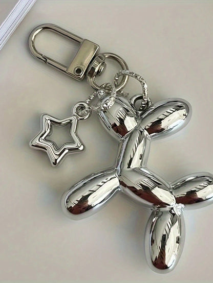1pc Silver Star Balloon Puppy Keychain- Fashionable Handbag, Backpack & Wallet Accessory, With Heart Pendant And Adjustable Clasp, Bag Charm Keyring, Car Key Chain, Unique Gift For Women, Suitable Fo