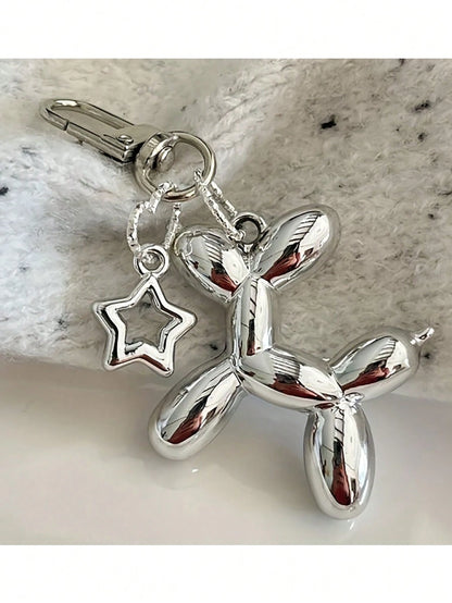 1pc Silver Star Balloon Puppy Keychain- Fashionable Handbag, Backpack & Wallet Accessory, With Heart Pendant And Adjustable Clasp, Bag Charm Keyring, Car Key Chain, Unique Gift For Women, Suitable Fo