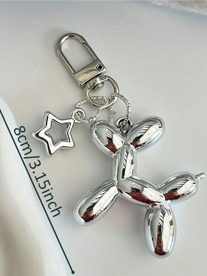 1pc Silver Star Balloon Puppy Keychain- Fashionable Handbag, Backpack & Wallet Accessory, With Heart Pendant And Adjustable Clasp, Bag Charm Keyring, Car Key Chain, Unique Gift For Women, Suitable Fo