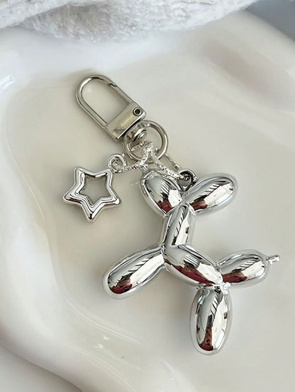 1pc Silver Star Balloon Puppy Keychain- Fashionable Handbag, Backpack & Wallet Accessory, With Heart Pendant And Adjustable Clasp, Bag Charm Keyring, Car Key Chain, Unique Gift For Women, Suitable Fo