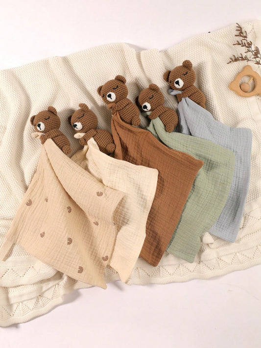 1pc Soft Solid Color Baby Comforting Towel, Brown Bear Design, Face Towel, Drool Towel, Soft Comforting Towel In White, Blue, Coffee, Brown Colors