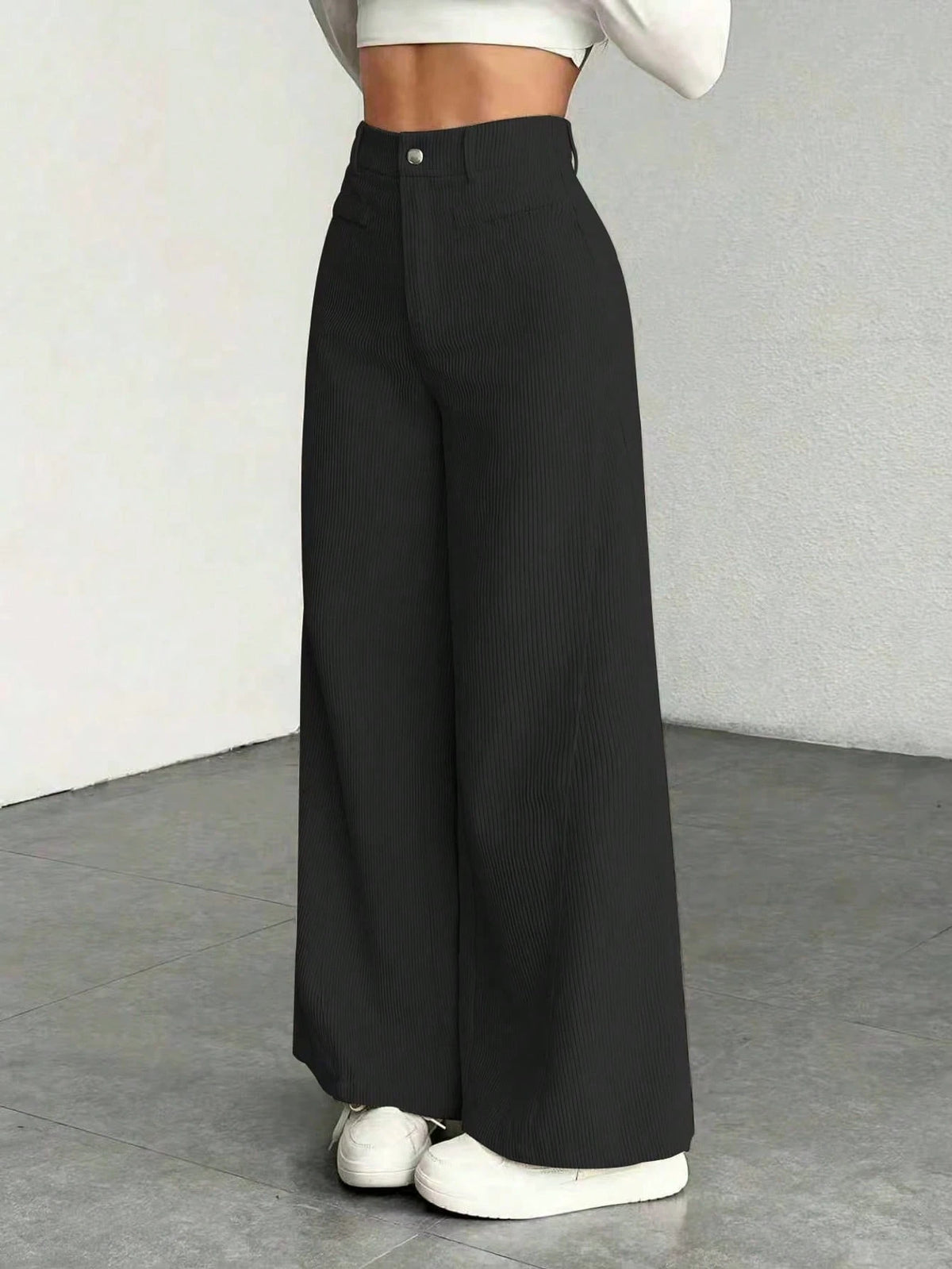1pc Solid Color Polyester Button Pocket Zipper Pants, Suitable For Daily Wear In Spring, Autumn And Winter Black, High Waisted