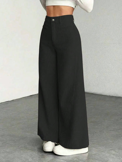 1pc Solid Color Polyester Button Pocket Zipper Pants, Suitable For Daily Wear In Spring, Autumn And Winter Black, High Waisted