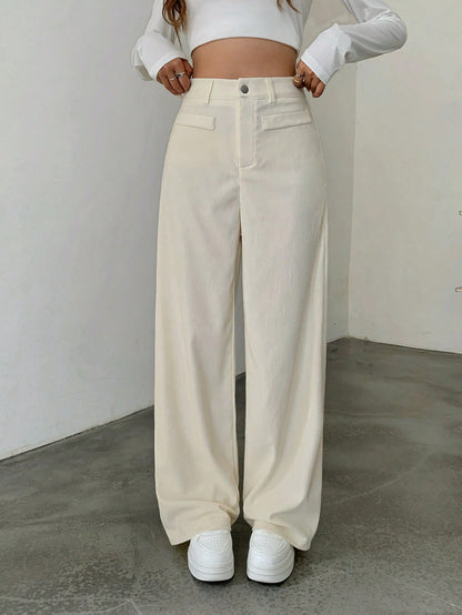 1pc Solid Color Polyester Button Pocket Zipper Pants, Suitable For Daily Wear In Spring, Autumn And Winter Black, High Waisted