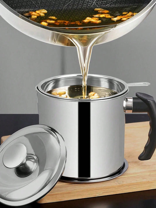 1pc Stainless Steel Oil Filter Containers, Oil Storage Bottle, Oil Storage Cup With Lid, With Strainer For Kitchen,Deep Fryer Oil Storage, Stainless Steel Oil Container, Multifunctional Oil Filter Pot