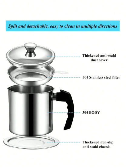 1pc Stainless Steel Oil Filter Containers, Oil Storage Bottle, Oil Storage Cup With Lid, With Strainer For Kitchen,Deep Fryer Oil Storage, Stainless Steel Oil Container, Multifunctional Oil Filter Pot