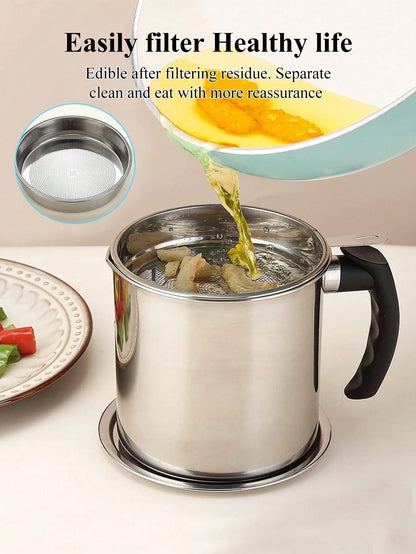 1pc Stainless Steel Oil Filter Containers, Oil Storage Bottle, Oil Storage Cup With Lid, With Strainer For Kitchen,Deep Fryer Oil Storage, Stainless Steel Oil Container, Multifunctional Oil Filter Pot