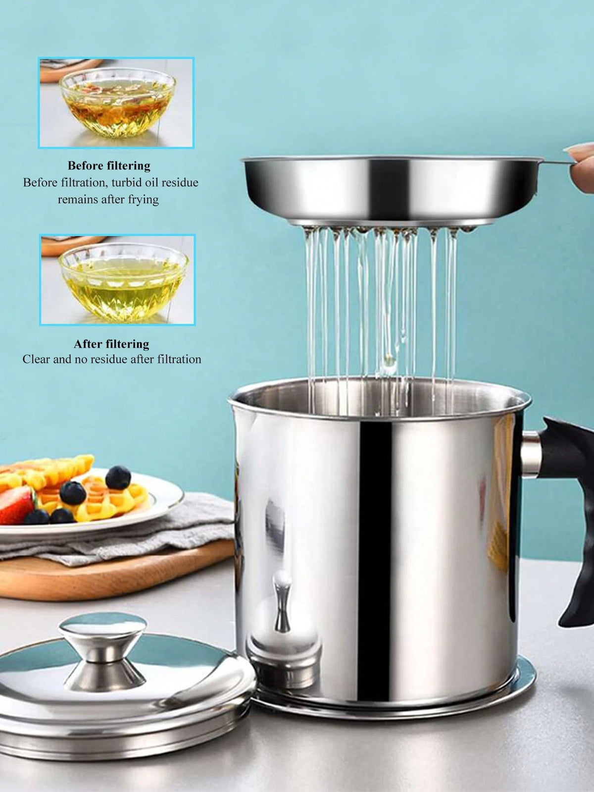 1pc Stainless Steel Oil Filter Containers, Oil Storage Bottle, Oil Storage Cup With Lid, With Strainer For Kitchen,Deep Fryer Oil Storage, Stainless Steel Oil Container, Multifunctional Oil Filter Pot