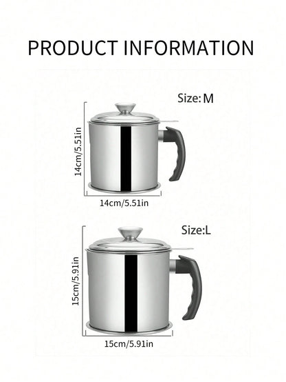 1pc Stainless Steel Oil Filter Containers, Oil Storage Bottle, Oil Storage Cup With Lid, With Strainer For Kitchen,Deep Fryer Oil Storage, Stainless Steel Oil Container, Multifunctional Oil Filter Pot