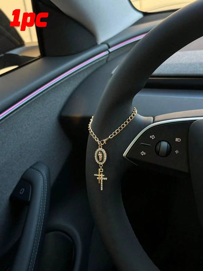 1pc Steering Wheel Decor, 15cm Adjustable Length, Minimalist, Cute, Creative Rosary Bead Car Pendant Accessory, Unique Fashion Car Hanging Decoration