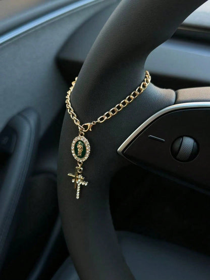 1pc Steering Wheel Decor, 15cm Adjustable Length, Minimalist, Cute, Creative Rosary Bead Car Pendant Accessory, Unique Fashion Car Hanging Decoration
