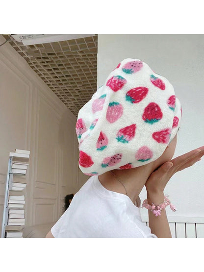 1pc Strawberry Printed Bath Cap Hair Drying Towel, Made Of Coral Fleece, Soft And Absorbent, Suitable For All Seasons In Bathroom Home Bathroom Decor Fall Decor Back To School Hair Bonnet Shower Towel