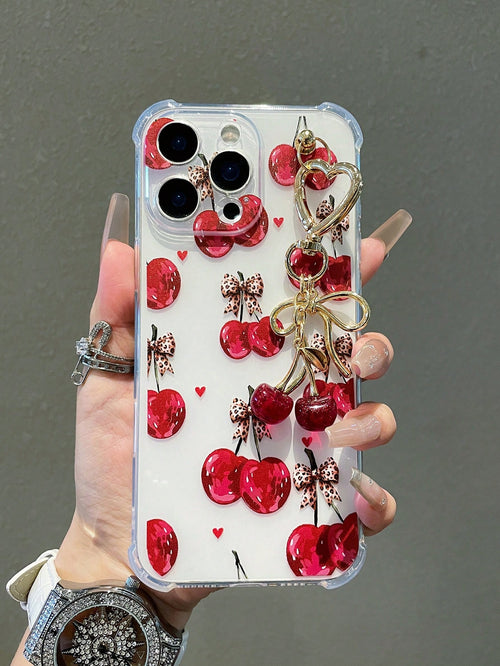 1pc Transparent Solid Color Phone Case With Camera Protection And Cute Cartoon Cherry Leopard Bow Pattern, With Cherry Pendant Charm, Compatible With IPhone 18/18Pro/17Promax/17/17Air/17pro/17promax/1