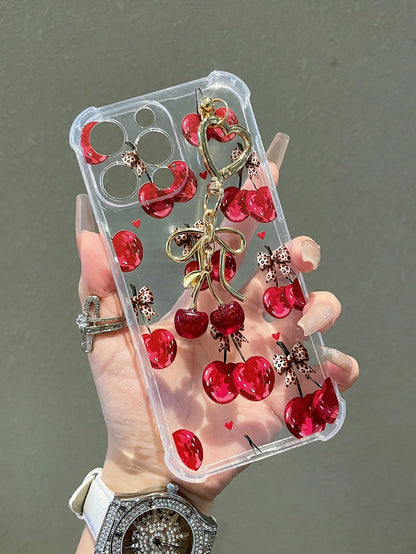 1pc Transparent Solid Color Phone Case With Camera Protection And Cute Cartoon Cherry Leopard Bow Pattern, With Cherry Pendant Charm, Compatible With IPhone 18/18Pro/17Promax/17/17Air/17pro/17promax/1