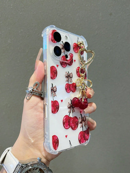 1pc Transparent Solid Color Phone Case With Camera Protection And Cute Cartoon Cherry Leopard Bow Pattern, With Cherry Pendant Charm, Compatible With IPhone 18/18Pro/17Promax/17/17Air/17pro/17promax/1