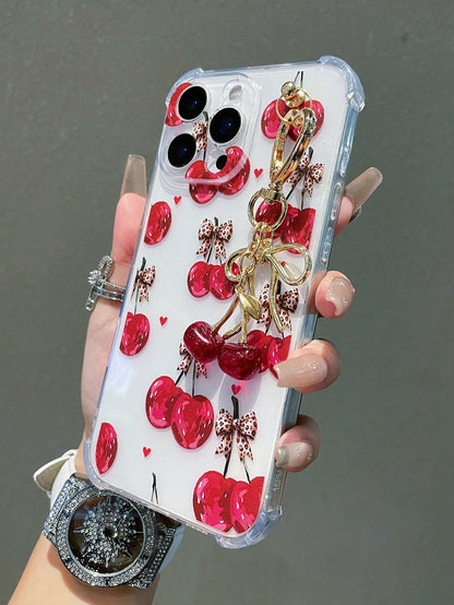 1pc Transparent Solid Color Phone Case With Camera Protection And Cute Cartoon Cherry Leopard Bow Pattern, With Cherry Pendant Charm, Compatible With IPhone 18/18Pro/17Promax/17/17Air/17pro/17promax/1