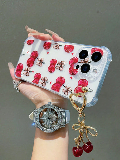 1pc Transparent Solid Color Phone Case With Camera Protection And Cute Cartoon Cherry Leopard Bow Pattern, With Cherry Pendant Charm, Compatible With IPhone 18/18Pro/17Promax/17/17Air/17pro/17promax/1