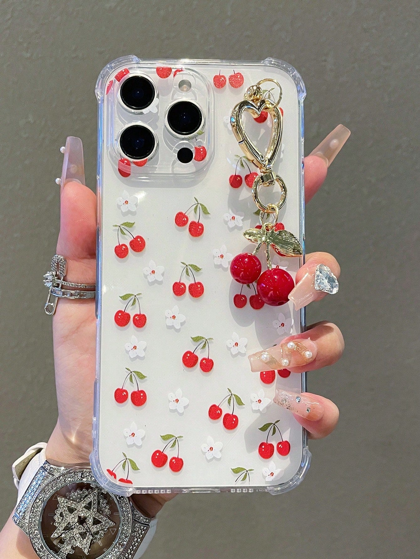 1pc Transparent Solid Color Phone Case With Camera Protection And Cute Cartoon Cherry Leopard Bow Pattern, With Cherry Pendant Charm, Compatible With IPhone 18/18Pro/17Promax/17/17Air/17pro/17promax/1