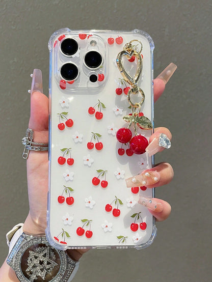 1pc Transparent Solid Color Phone Case With Camera Protection And Cute Cartoon Cherry Leopard Bow Pattern, With Cherry Pendant Charm, Compatible With IPhone 18/18Pro/17Promax/17/17Air/17pro/17promax/1