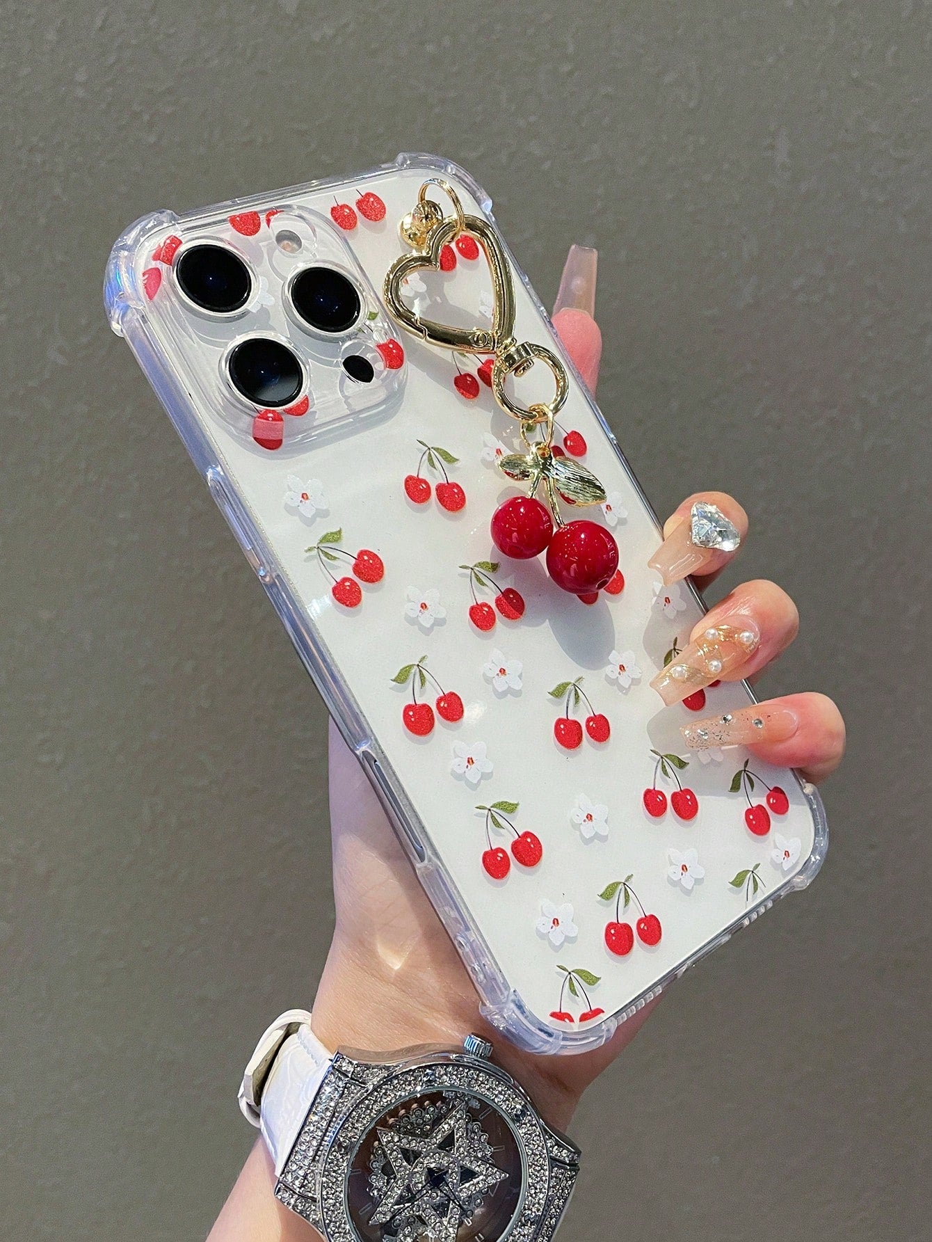 1pc Transparent Solid Color Phone Case With Camera Protection And Cute Cartoon Cherry Leopard Bow Pattern, With Cherry Pendant Charm, Compatible With IPhone 18/18Pro/17Promax/17/17Air/17pro/17promax/1