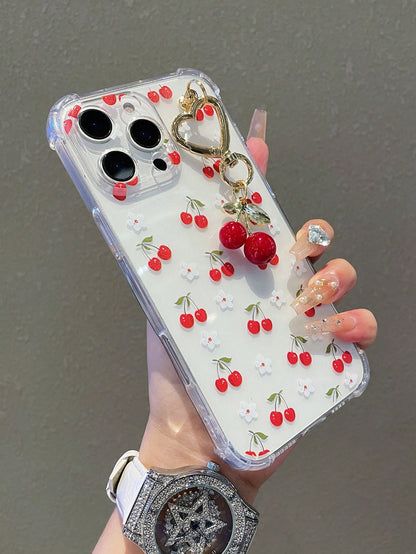 1pc Transparent Solid Color Phone Case With Camera Protection And Cute Cartoon Cherry Leopard Bow Pattern, With Cherry Pendant Charm, Compatible With IPhone 18/18Pro/17Promax/17/17Air/17pro/17promax/1