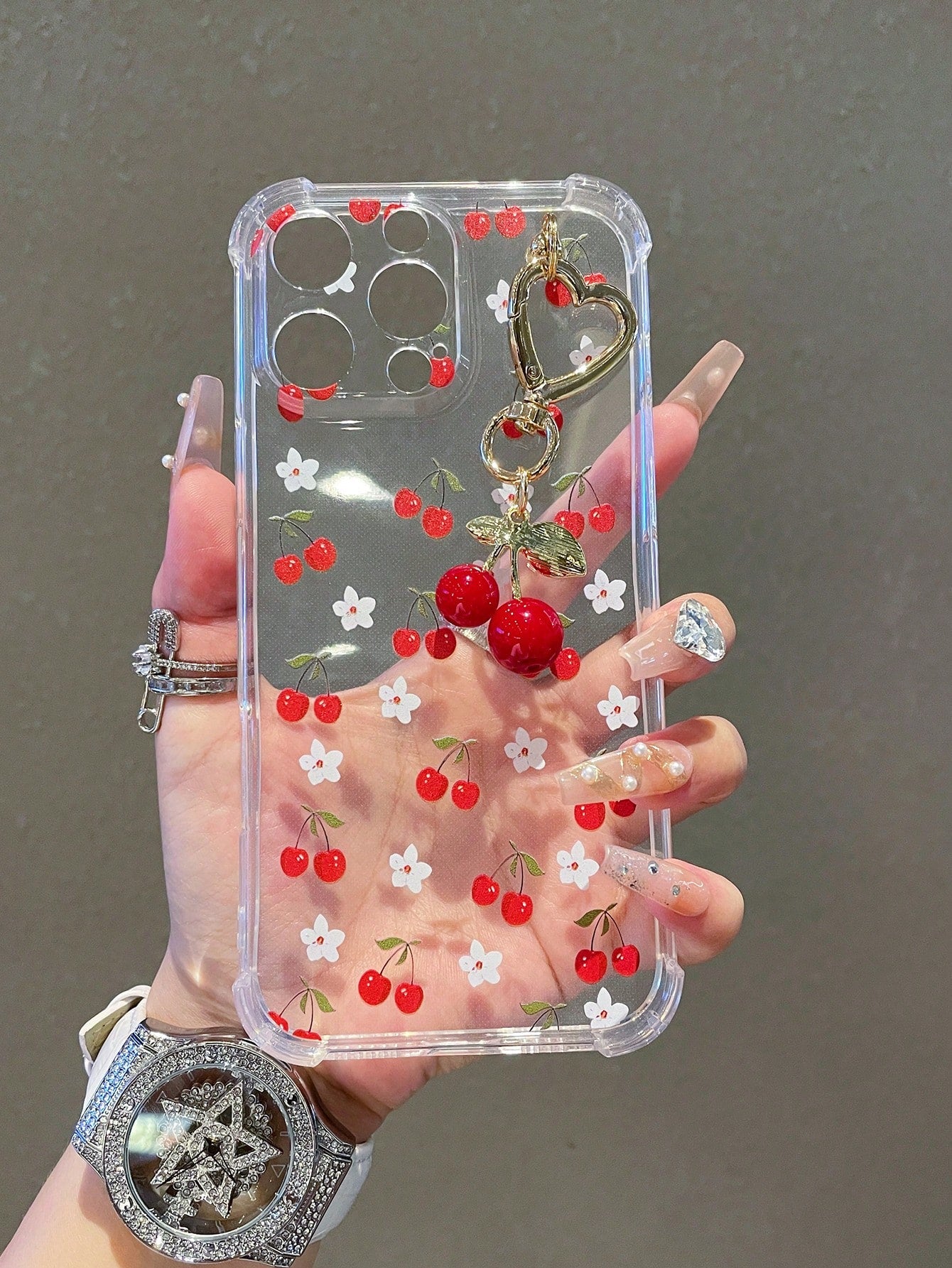 1pc Transparent Solid Color Phone Case With Camera Protection And Cute Cartoon Cherry Leopard Bow Pattern, With Cherry Pendant Charm, Compatible With IPhone 18/18Pro/17Promax/17/17Air/17pro/17promax/1