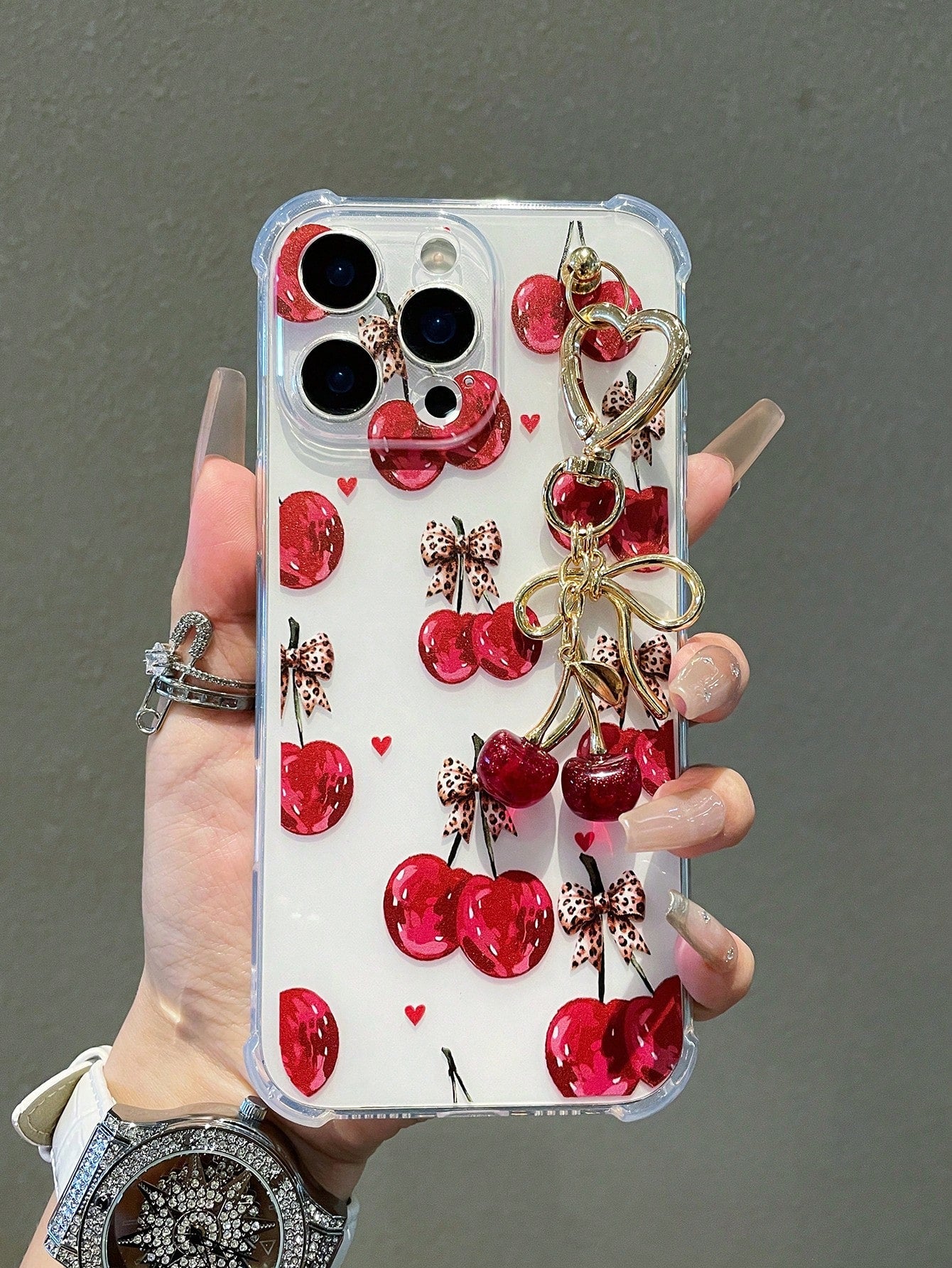 1pc Transparent Solid Color Phone Case With Camera Protection And Cute Cartoon Cherry Leopard Bow Pattern, With Cherry Pendant Charm, Compatible With IPhone 18/18Pro/17Promax/17/17Air/17pro/17promax/1