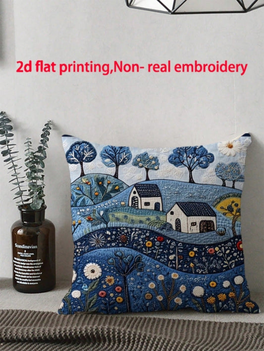 1pc Vintage Dalarna Farm Blue Throw Pillow Cover, 18" X 18", Soft Plush, Single-Sided Print, Zippered, Machine Washable, Suitable For Various Room Styles, Decorative Cushion Cover- No Embroidery