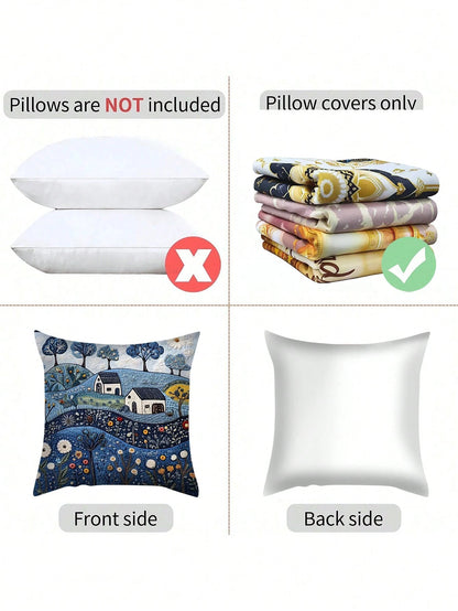 1pc Vintage Dalarna Farm Blue Throw Pillow Cover, 18" X 18", Soft Plush, Single-Sided Print, Zippered, Machine Washable, Suitable For Various Room Styles, Decorative Cushion Cover- No Embroidery