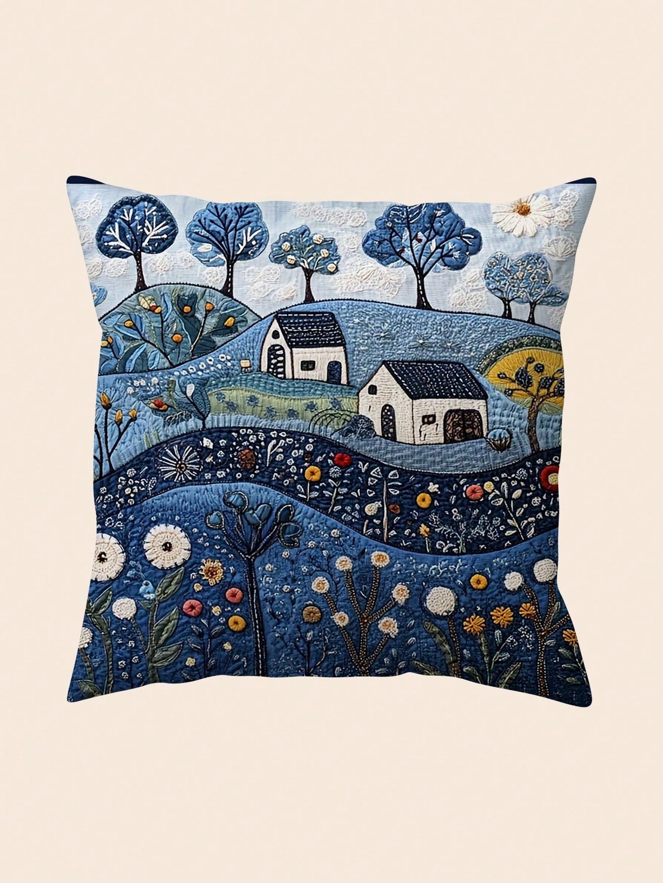 1pc Vintage Dalarna Farm Blue Throw Pillow Cover, 18" X 18", Soft Plush, Single-Sided Print, Zippered, Machine Washable, Suitable For Various Room Styles, Decorative Cushion Cover- No Embroidery