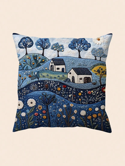 1pc Vintage Dalarna Farm Blue Throw Pillow Cover, 18" X 18", Soft Plush, Single-Sided Print, Zippered, Machine Washable, Suitable For Various Room Styles, Decorative Cushion Cover- No Embroidery