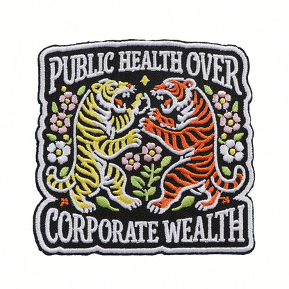 1pc Vintage Double Tiger Floral Embroidered Iron-On Patch, Public Health First Inspirational Slogan Applique, Clothing Backpack Jacket Decoration Sewing Patch Accessory