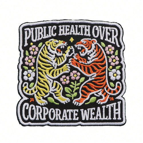 1pc Vintage Double Tiger Floral Embroidered Iron-On Patch, Public Health First Inspirational Slogan Applique, Clothing Backpack Jacket Decoration Sewing Patch Accessory