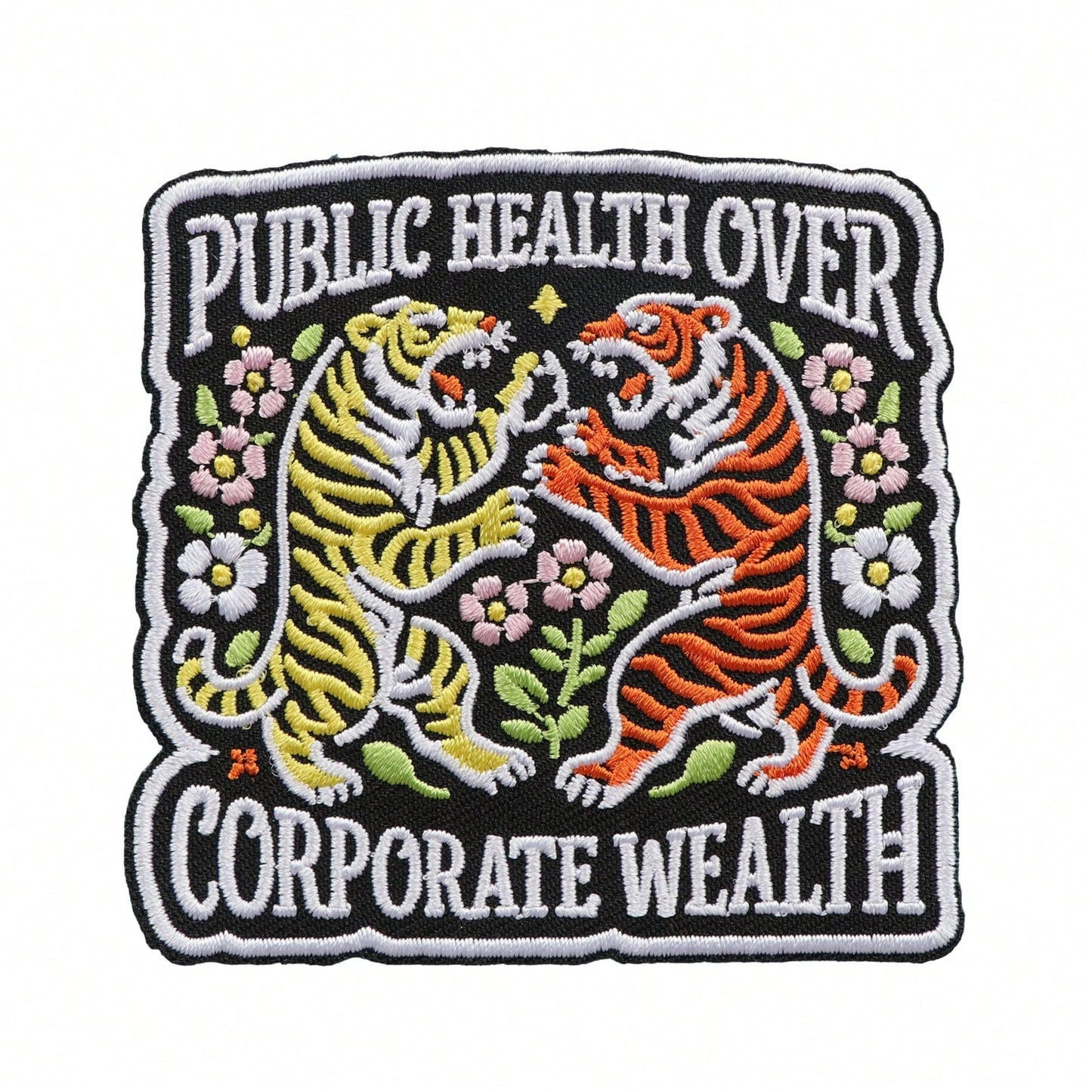 1pc Vintage Double Tiger Floral Embroidered Iron-On Patch, Public Health First Inspirational Slogan Applique, Clothing Backpack Jacket Decoration Sewing Patch Accessory