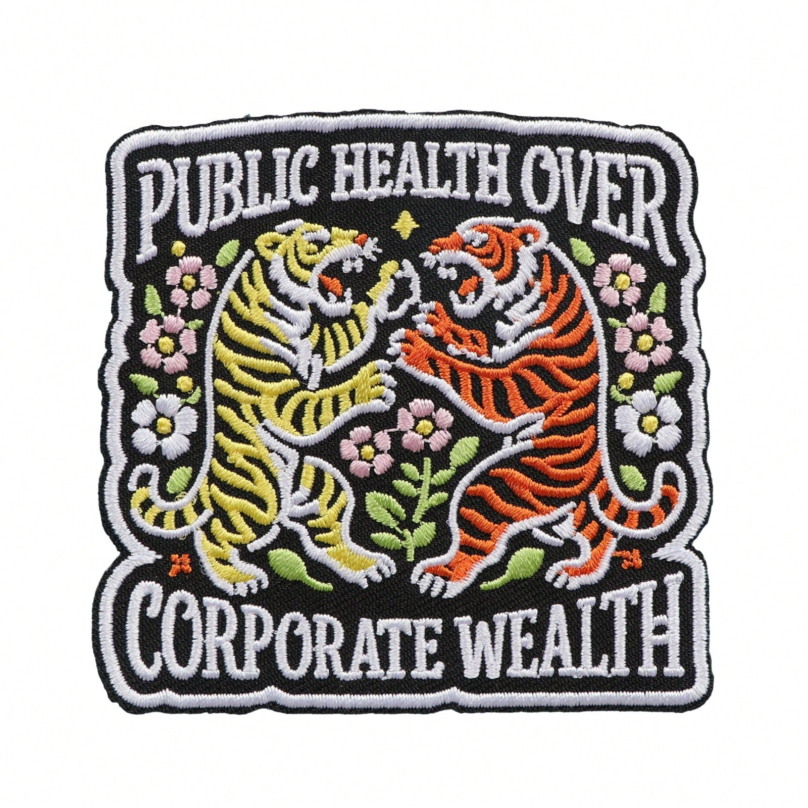 1pc Vintage Double Tiger Floral Embroidered Iron-On Patch, Public Health First Inspirational Slogan Applique, Clothing Backpack Jacket Decoration Sewing Patch Accessory