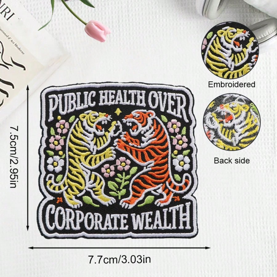 1pc Vintage Double Tiger Floral Embroidered Iron-On Patch, Public Health First Inspirational Slogan Applique, Clothing Backpack Jacket Decoration Sewing Patch Accessory