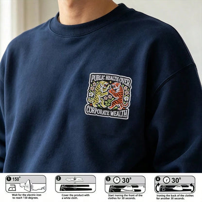 1pc Vintage Double Tiger Floral Embroidered Iron-On Patch, Public Health First Inspirational Slogan Applique, Clothing Backpack Jacket Decoration Sewing Patch Accessory