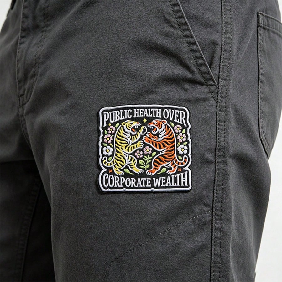 1pc Vintage Double Tiger Floral Embroidered Iron-On Patch, Public Health First Inspirational Slogan Applique, Clothing Backpack Jacket Decoration Sewing Patch Accessory