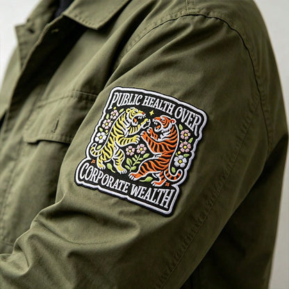 1pc Vintage Double Tiger Floral Embroidered Iron-On Patch, Public Health First Inspirational Slogan Applique, Clothing Backpack Jacket Decoration Sewing Patch Accessory