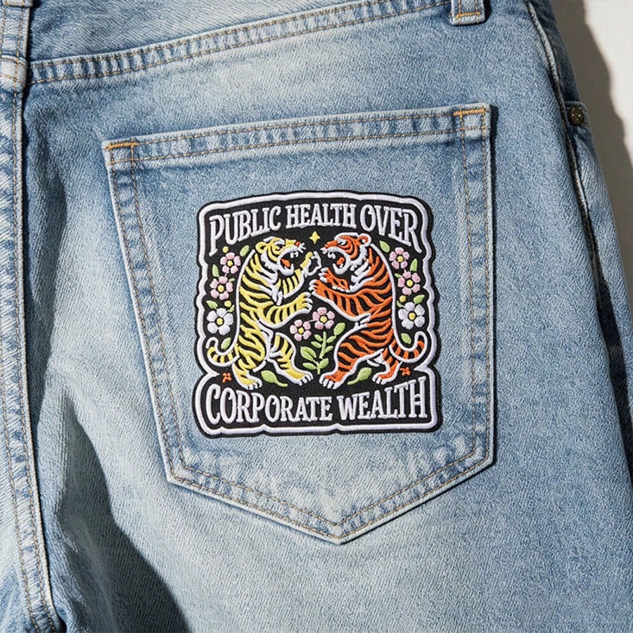 1pc Vintage Double Tiger Floral Embroidered Iron-On Patch, Public Health First Inspirational Slogan Applique, Clothing Backpack Jacket Decoration Sewing Patch Accessory