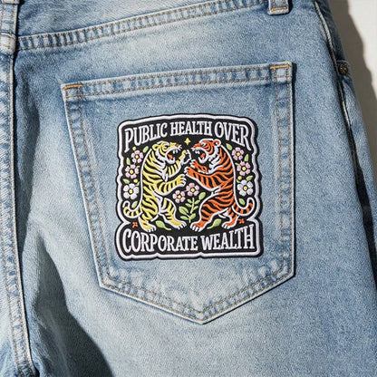 1pc Vintage Double Tiger Floral Embroidered Iron-On Patch, Public Health First Inspirational Slogan Applique, Clothing Backpack Jacket Decoration Sewing Patch Accessory
