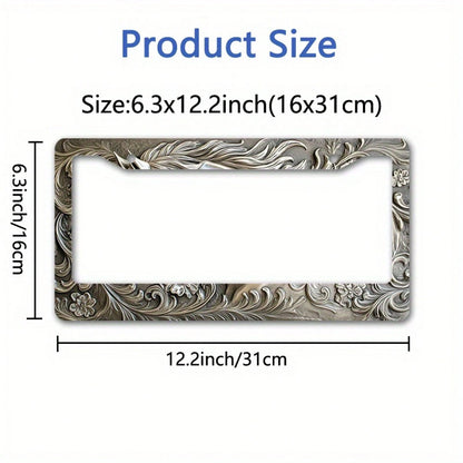1pc Vintage Floral Aluminum License Plate Frame 12.2x6.3in, Durable Alloy Auto Cover For Cars Trucks Motorcycles Elegant Decor Accessory,Car Cover,Car Must Haves,Gifts,Car Decor,Car Acessesories>Essen
