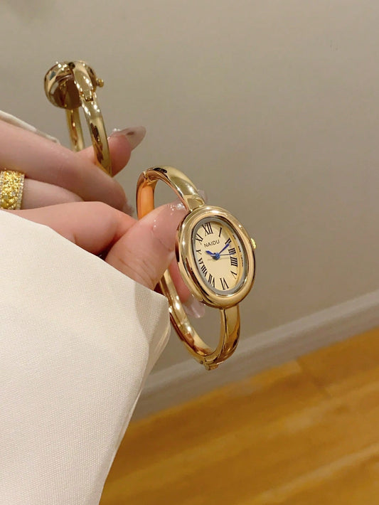 1pc Vintage Luxury Gold/Silver Color Petite Women Bracelet Watch, Fashionable Minimalist Elegant Quartz Watch, Suitable For Daily Wear, Birthday Gift