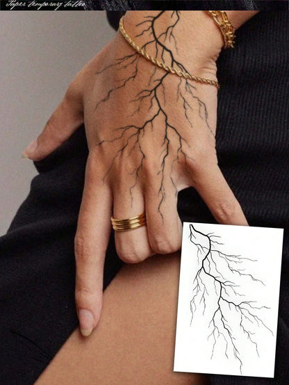 1pc Waterproof Temporary Tattoo Sticker, Long-Lasting 3-5 Days, Easy To Apply And Remove Body Art Tattoo Sticker, Minimalist Fine Line Black Branch Lightning Temporary Tattoo Sticker, Hand-Drawn Vein