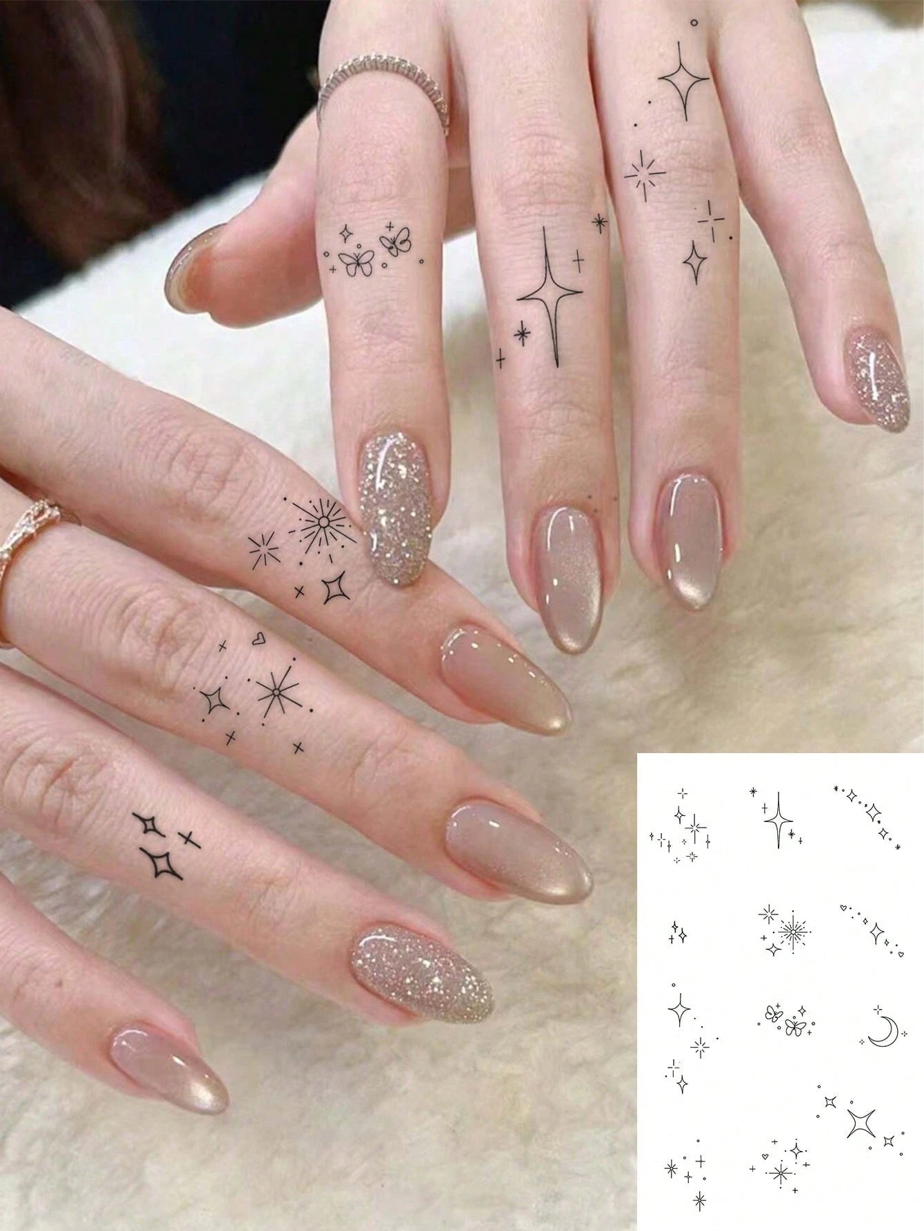 1pc Waterproof, Sweat-Resistant & Washable Temporary Tattoo Sticker With Sparkling Star, Crescent Moon & Glittering Finger Patterns, Fashionable & Suitable For Fashionable People For Daily Use