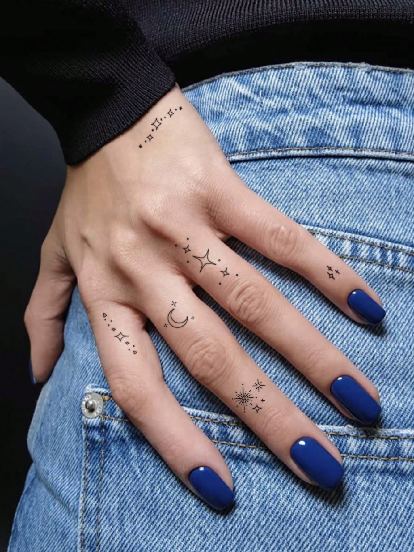 1pc Waterproof, Sweat-Resistant & Washable Temporary Tattoo Sticker With Sparkling Star, Crescent Moon & Glittering Finger Patterns, Fashionable & Suitable For Fashionable People For Daily Use
