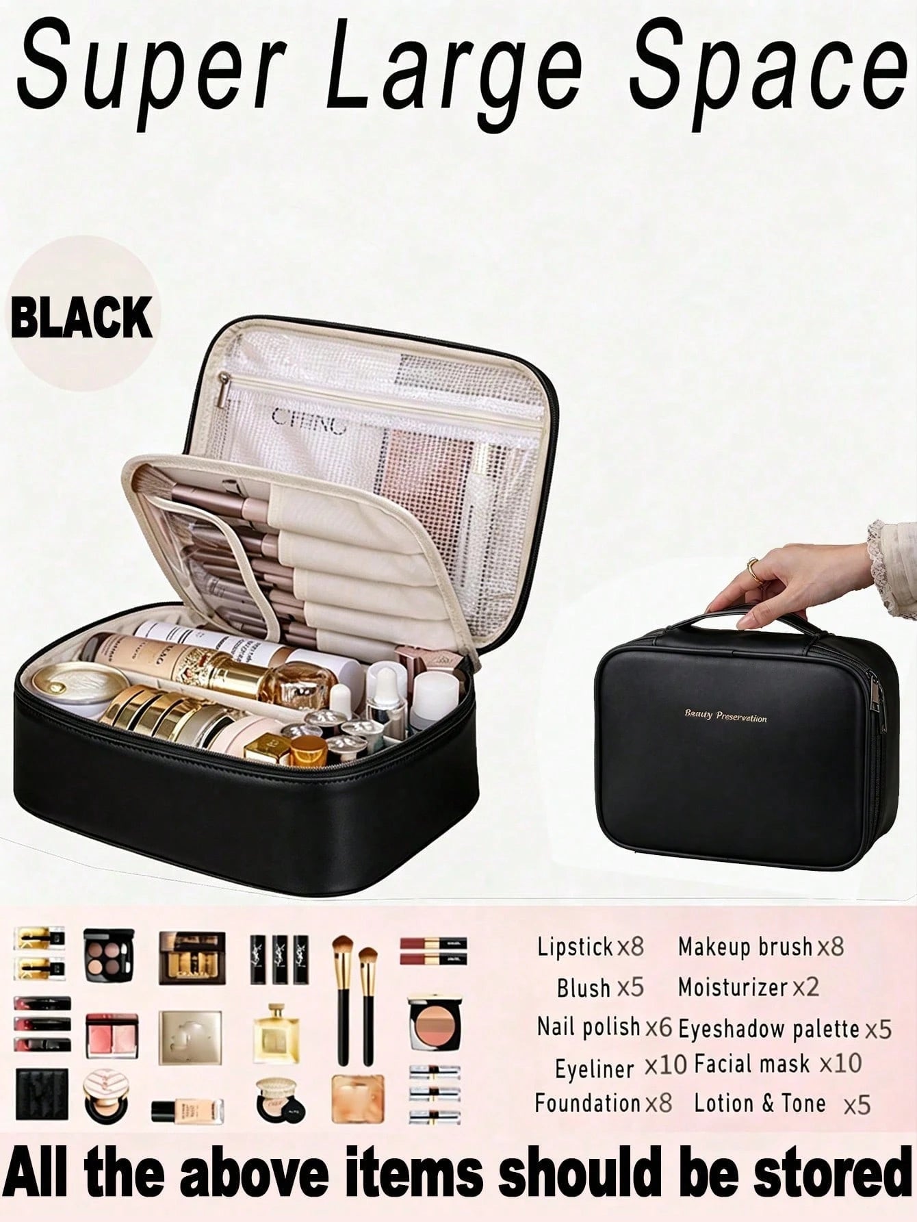 1pc Women's Makeup Bag, Travel Makeup Bag, Bathroom Toiletry, Cosmetic Organizer Bag, Double Layer, Smooth PU Leather, Waterproof, Large Capacity, Portable, Women's Cosmetic Storage, Women's Gift, Bir